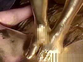 Strange japanese gold fetish with hot babe giving footjob