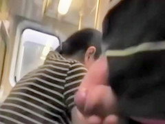 Stroking his small penis on the train