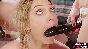 Submissive lez babe strapon fucked and whipped in 3some