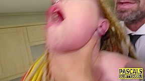 Tattooed busty submissive gets throated