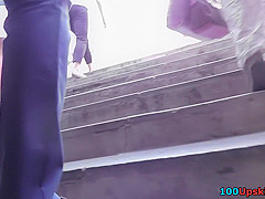Thong upskirt footage of a slim babe wearing mini skirt