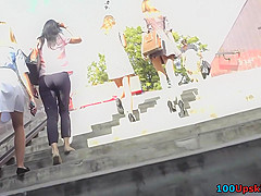 Thong upskirt footage of a slim babe wearing mini skirt