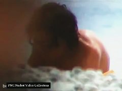 Trimmed pussy, small natural boobs, black hair at the nudist beach