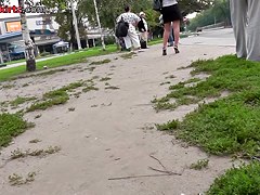 Trying to let off brunette hair upskirt on a stop
