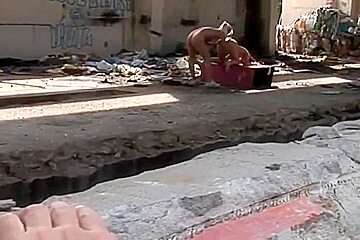 Two Horny Euro Lesbians Get Ass Fucjed By Two Studs In Abandoned Building