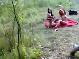 Two Hot Busty Chicks Sharing One Lucky Cock Outdoor