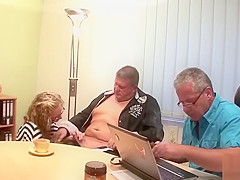 Two old Guys Fuck teen 18+ with Glasses at Office - GERMAN RETRO