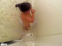 Whore Takes A Shower Spreads Legs Gags And Cleans And Shows Her Shaved Fuck Holes