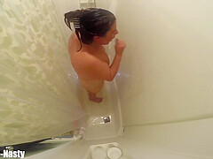 Whore Takes A Shower Spreads Legs Gags And Cleans And Shows Her Shaved Fuck Holes