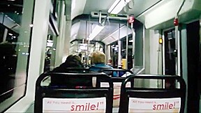 Wife show pantie upskirt and give me handjob in Tram