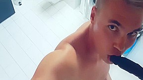 gives dildo blowjob, jerking off and eats own cum